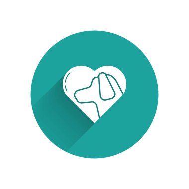 Uzun gölgeli izole edilmiş köpek ikonlu beyaz kalp. Yüreğindeki evcil hayvan pençesi. Hayvanlara sevgiler. Yeşil daire düğmesi. Vektör İllüstrasyonu