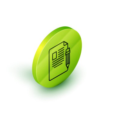 Silgi simgesi beyaz arkaplanda izole edilmiş Isometric satır sınav kağıdı ve kalem. Sınav kağıdı, sınav ya da araştırma konsepti. Sınav ya da sınav. Yeşil daire düğmesi. Vektör İllüstrasyonu