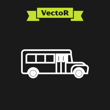 Beyaz çizgi okul servisi simgesi siyah arkaplanda izole edildi. Toplu taşıma sembolü. Vektör İllüstrasyonu