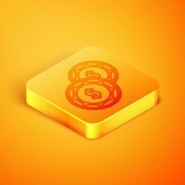 Turuncu arka planda dolar sembolü olan Isometric çizgi kumarhanesi çipi. Kumarhane kumarı. Turuncu kare düğme. Vektör İllüstrasyonu