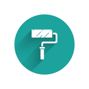 Beyaz boya fırça ikonu uzun gölgeli izole edilmiş. Yeşil daire düğmesi. Vektör İllüstrasyonu