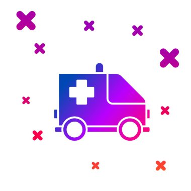 Renkli ambulans ve acil durum arabası simgesi beyaz arka planda izole edildi. Ambulans aracı tıbbi tahliye. Kademeli rastgele dinamik şekiller. Vektör İllüstrasyonu