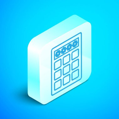 Isometric satır parola koruması ve güvenlik erişim simgesi mavi arkaplanda izole edildi. Güvenlik, güvenlik, koruma, gizlilik kavramı. Gümüş kare düğme. Vektör İllüstrasyonu