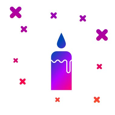 Beyaz arkaplanda izole edilmiş şamdan simgesindeki renk yakan mum. Silindirik mum çubuğu ve yanan ateş. Kademeli rastgele dinamik şekiller. Vektör İllüstrasyonu