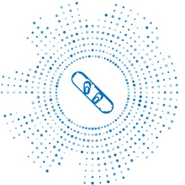 Mavi çizgi Snowboard simgesi beyaz arkaplanda izole edildi. Snowboard tahtası ikonu. Olağanüstü bir spor. Spor malzemeleri. Soyut çember rastgele noktalar. Vektör İllüstrasyonu