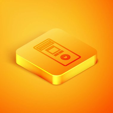 İzometrik çizgi Turuncu arka planda yalıtılmış akıllı ev simgesi. Uzaktan kumanda. Turuncu kare düğme. Vektör İllüstrasyonu