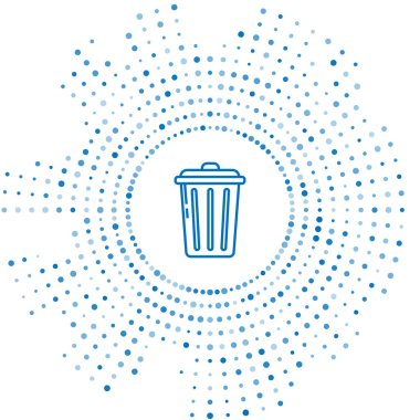 Mavi çizgi Çöp kutusu simgesi beyaz arkaplanda izole edildi. Çöp kutusu tabelası. Sepet simgesini geri dönüştür. Ofis çöpü ikonu. Soyut çember rastgele noktalar. Vektör İllüstrasyonu