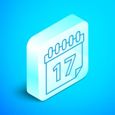 Mavi arka planda izole edilmiş takvim ikonu olan Aziz Patrick günü. Tarih 17 Mart. Gümüş kare düğme. Vektör İllüstrasyonu