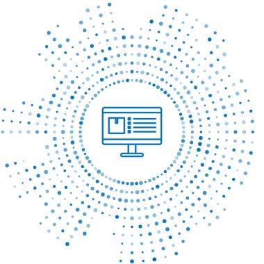 Uygulama iletim simgesine sahip mavi çizgi bilgisayar monitörü beyaz arkaplanda izole edildi. Paket takibi. Soyut çember rastgele noktalar. Vektör İllüstrasyonu