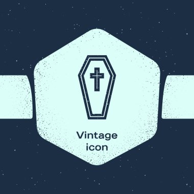 Grunge line Coffin, mavi arka planda Hristiyan haç simgesi var. Mutlu Cadılar Bayramı Partisi. Tek renkli klasik çizim. Vektör İllüstrasyonu