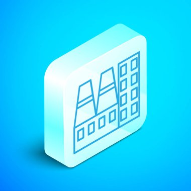 Isometric hattı elektrik santrali ve fabrika ikonu mavi arka planda izole edildi. Enerji endüstrisi konsepti. Gümüş kare düğme. Vektör İllüstrasyonu