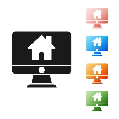 Beyaz arka planda izole edilmiş akıllı ev simgesine sahip Siyah Bilgisayar monitörü. Uzaktan kumanda. Simgeleri renkli ayarlayın. Vektör İllüstrasyonu