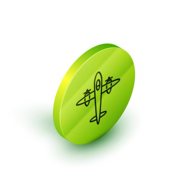 Beyaz zemin üzerinde izole edilmiş eski antika uçak simgesi. Uçan uçak ikonu. Uçak tabelası. Yeşil daire düğmesi. Vektör İllüstrasyonu