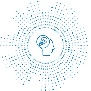 Beyaz arka planda izole lamba ikonu olan mavi çizgi insan kafası. Soyut çember rastgele noktalar. Vektör İllüstrasyonu