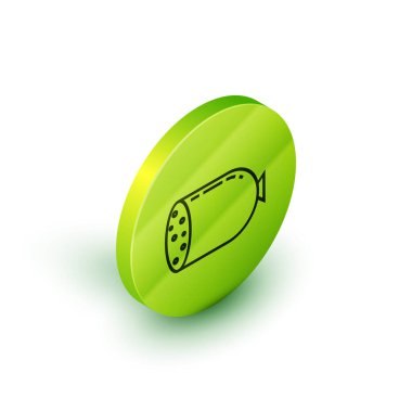 Beyaz arkaplanda izole edilmiş Isometric çizgisi salam sosis simgesi. Et şarküteri ürünü. Yeşil daire düğmesi. Vektör İllüstrasyonu