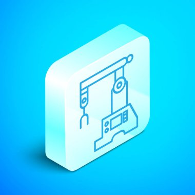 Isometric line Assembly çizgi simgesi mavi arkaplanda izole edildi. Otomatik üretim taşıyıcısı. Robot endüstrisi konsepti. Gümüş kare düğme. Vektör İllüstrasyonu
