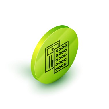 Ayırıcı çizgi hapları beyaz arka planda izole edilmiş. İlaç paketi. Tablet, vitamin, antibiyotik, aspirin. Yeşil daire düğmesi. Vektör İllüstrasyonu