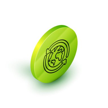 Isometric Line Planet Earth ve beyaz arka planda izole edilmiş bir geri dönüşüm ikonu. Çevresel konsept. Yeşil daire düğmesi. Vektör İllüstrasyonu