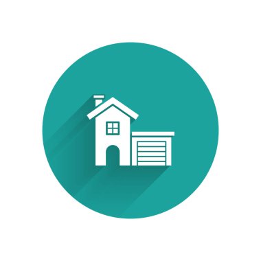 Beyaz Saray ikonu uzun gölgeli. Ev sembolü. Yeşil daire düğmesi. Vektör İllüstrasyonu