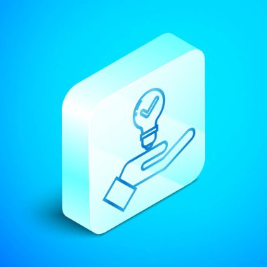 Isometric line Light bulb in hand icon isolated on blue background. Concept of idea. Silver square button. Vector Illustration