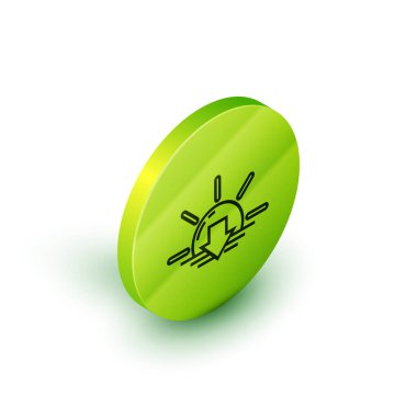 İzometrik çizgi Beyaz arka planda yalıtılmış gün batımı simgesi. Yeşil daire düğmesi. Vektör İllüstrasyonu