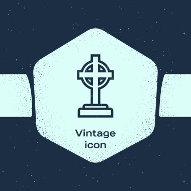 Grunge Hattı Tombstone mavi arka planda çapraz simge ile izole edildi. Mezar ikonu. Tek renkli klasik çizim. Vektör İllüstrasyonu
