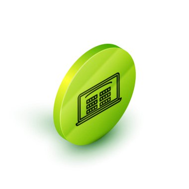 Isometric hattı beyaz arka planda izole edilmiş çevrimiçi sinema bileti ikonu satın alır. Hizmet kavramı. Yeşil daire düğmesi. Vektör İllüstrasyonu