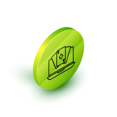 Isometric line Online poker masası simgesi beyaz arkaplanda izole edildi. İnternetteki kumarhane. Yeşil daire düğmesi. Vektör İllüstrasyonu