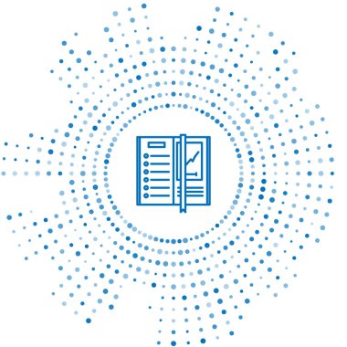 Mavi satır Not Defteri simgesi beyaz arkaplanda izole edildi. Spiral not defteri simgesi. Yazı tahtası. İş günlüğü. Not defteri kapağı tasarımı. Soyut çember rastgele noktalar. Vektör İllüstrasyonu