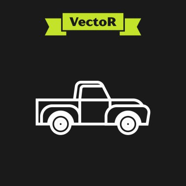 Beyaz çizgili kamyonet ikonu siyah arka planda izole edildi. Vektör İllüstrasyonu