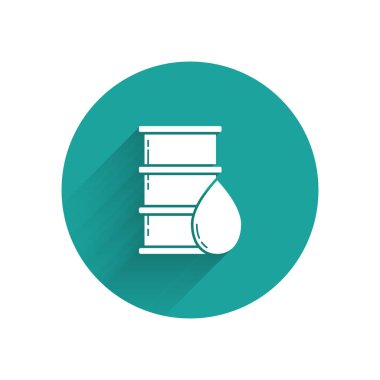 Beyaz Varil yağ ikonu uzun gölgeli izole edilmiş. Yeşil daire düğmesi. Vektör İllüstrasyonu