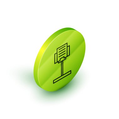 Isometric line Music stand simgesi beyaz arkaplanda izole edildi. Müzik aletleri. Yeşil daire düğmesi. Vektör İllüstrasyonu