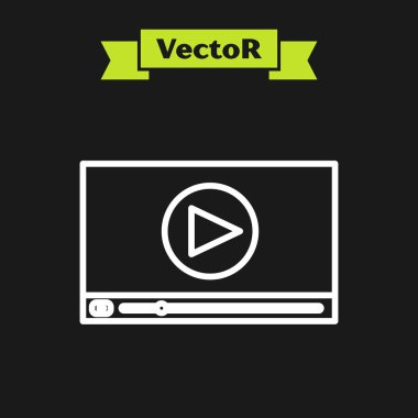 Siyah arkaplanda beyaz satır çevrimiçi video simgesi izole edildi. Oyun işaretli film şeridi. Vektör İllüstrasyonu