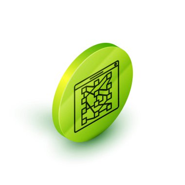 Isometric Line Global teknolojisi veya sosyal ağ simgesi beyaz arkaplanda izole edildi. Yeşil daire düğmesi. Vektör İllüstrasyonu