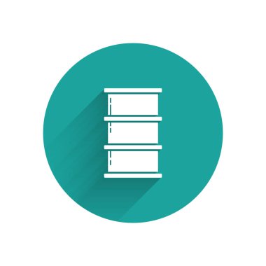 Beyaz Varil yağ ikonu uzun gölgeli izole edilmiş. Yeşil daire düğmesi. Vektör İllüstrasyonu