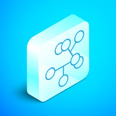 Isometric çizgi molekül simgesi mavi arkaplanda izole edildi. Kimya moleküllerinin yapısı, fen öğretmenlerinin yenilikçi eğitim posteri. Gümüş kare düğme. Vektör İllüstrasyonu