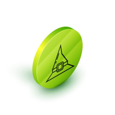 Beyaz arkaplanda Isome çizgisi cadı şapkası simgesi izole edildi. Mutlu Cadılar Bayramı Partisi. Yeşil daire düğmesi. Vektör İllüstrasyonu