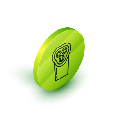 Beyaz arkaplanda izole edilmiş elektrikli saç kırpma makinesi ya da tıraş ikonu. Berber dükkanı sembolü. Yeşil daire düğmesi. Vektör İllüstrasyonu