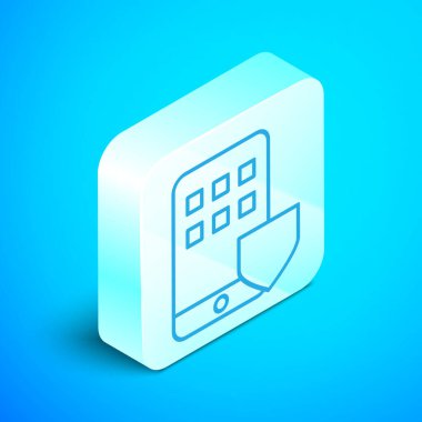 Mavi arka planda kalkan simgesi olan Isometric hattı cep telefonu. Akıllı telefon sigortası. Güvenlik, güvenlik, koruma, konsept koruma. Gümüş kare düğme. Vektör İllüstrasyonu