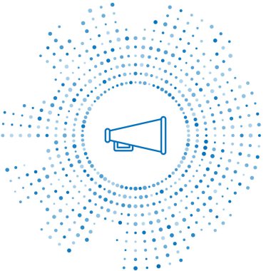 Mavi çizgi Megafon simgesi beyaz arkaplanda izole edildi. Sözcü işareti. Soyut çember rastgele noktalar. Vektör İllüstrasyonu