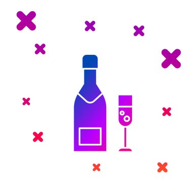 Renkli şampanya şişesi ve beyaz arka planda izole edilmiş şampanya ikonu. Mutlu Noeller ve mutlu yıllar. Kademeli rastgele dinamik şekiller. Vektör İllüstrasyonu