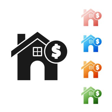 Beyaz arka planda dolar sembolü olan Kara Ev. Ev ve para. Emlak konsepti. Simgeleri renklendirin. Vektör İllüstrasyonu