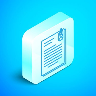 İzometrik çizgi Dosya belgesi ve mavi arka planda yalıtılmış ataş simgesi. Denetim listesi simgesi. İş konsepti. Gümüş kare düğme. Vektör İllüstrasyonu