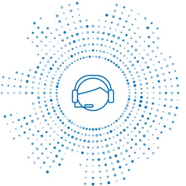 Beyaz arkaplanda izole edilmiş kulaklık simgesi olan mavi çizgi adamı. Destek operatörü hatta. Çağrı merkezi konsepti, müşteri destek servisi. Soyut çember rastgele noktalar. Vektör İllüstrasyonu