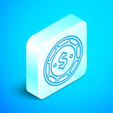 Mavi arka planda dolar sembolü olan Isometric çizgi kumarhanesi çipi. Kumarhane kumarı. Gümüş kare düğme. Vektör İllüstrasyonu