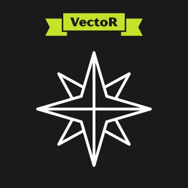 Beyaz çizgi rüzgar gül simgesi siyah arkaplanda izole. Seyahat için pusula simgesi. Navigasyon tasarımı. Vektör İllüstrasyonu