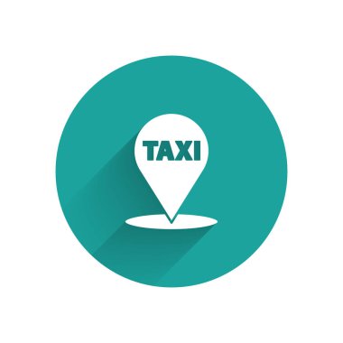Uzun gölgeli bir taksi simgesi olan beyaz harita işaretçisi. Konum sembolü. Yeşil daire düğmesi. Vektör İllüstrasyonu