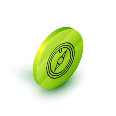 İzometrik çizgi Beyaz arka planda izole edilmiş rüzgar gülü simgesi. Seyahat için pusula simgesi. Navigasyon tasarımı. Yeşil daire düğmesi. Vektör İllüstrasyonu