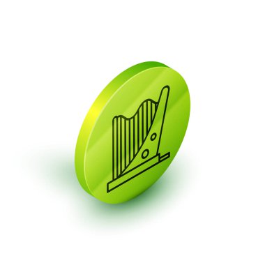 Harp simgesi beyaz arkaplanda izole edildi. Klasik müzik enstrümanı, orkestra akustik elementi. Yeşil daire düğmesi. Vektör İllüstrasyonu