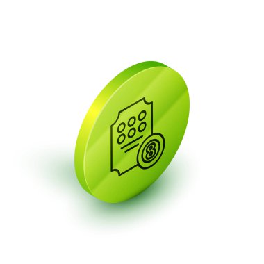 Isometric line Online slot makinesi simgesi beyaz arkaplanda izole edildi. İnternetteki kumarhane. Yeşil daire düğmesi. Vektör İllüstrasyonu